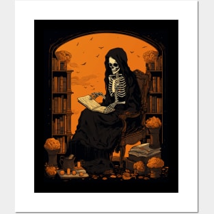 Halloween Reader Librarian Skeleton Reader Bookish Posters and Art